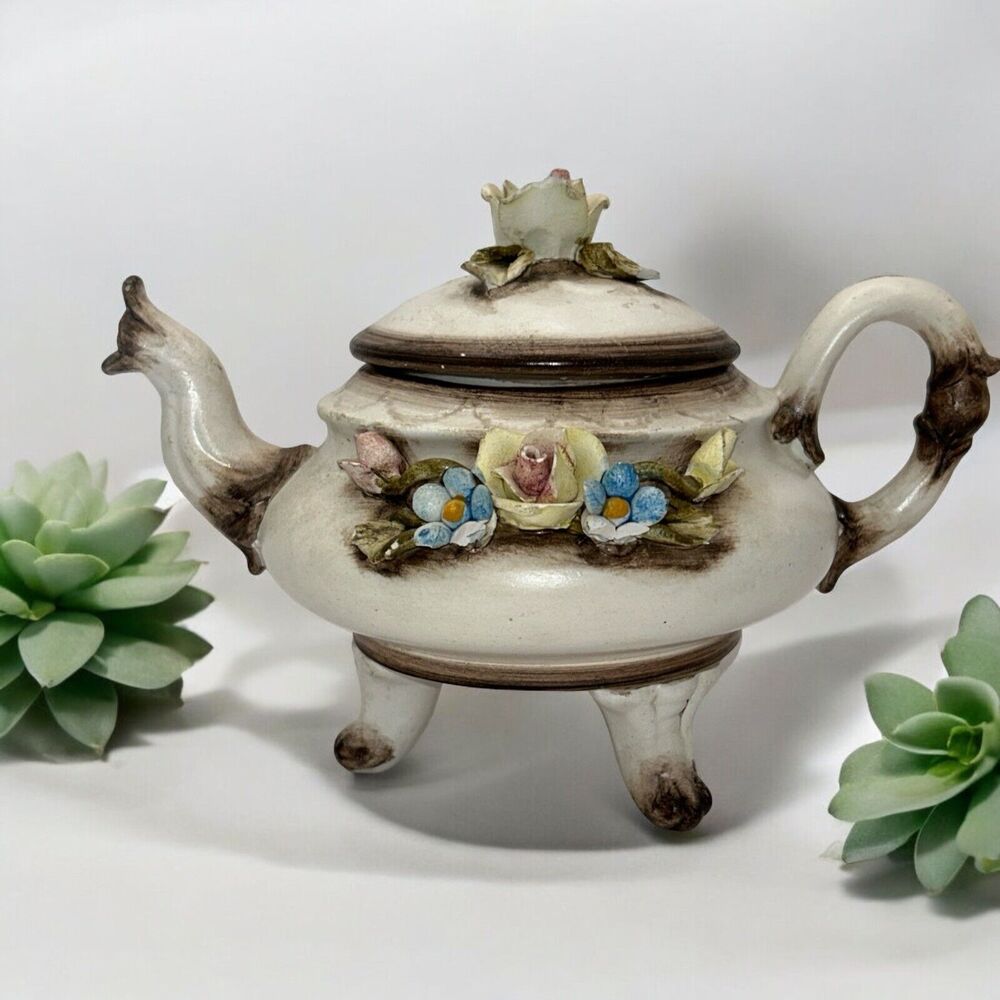 Capodimonte Porcelain Floral Design Teapot, Vintage Exquisite Decor 5 1/2” X 7”